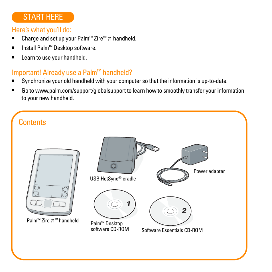 Start here contents, Here’s what you’ll do, Important! already use a palm | Handheld | Palm TM Zire Zire 71 User Manual | Page 3 / 18