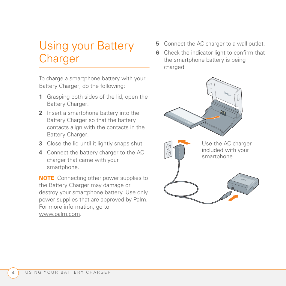 Using your battery charger | Palm 3350WW User Manual | Page 4 / 8