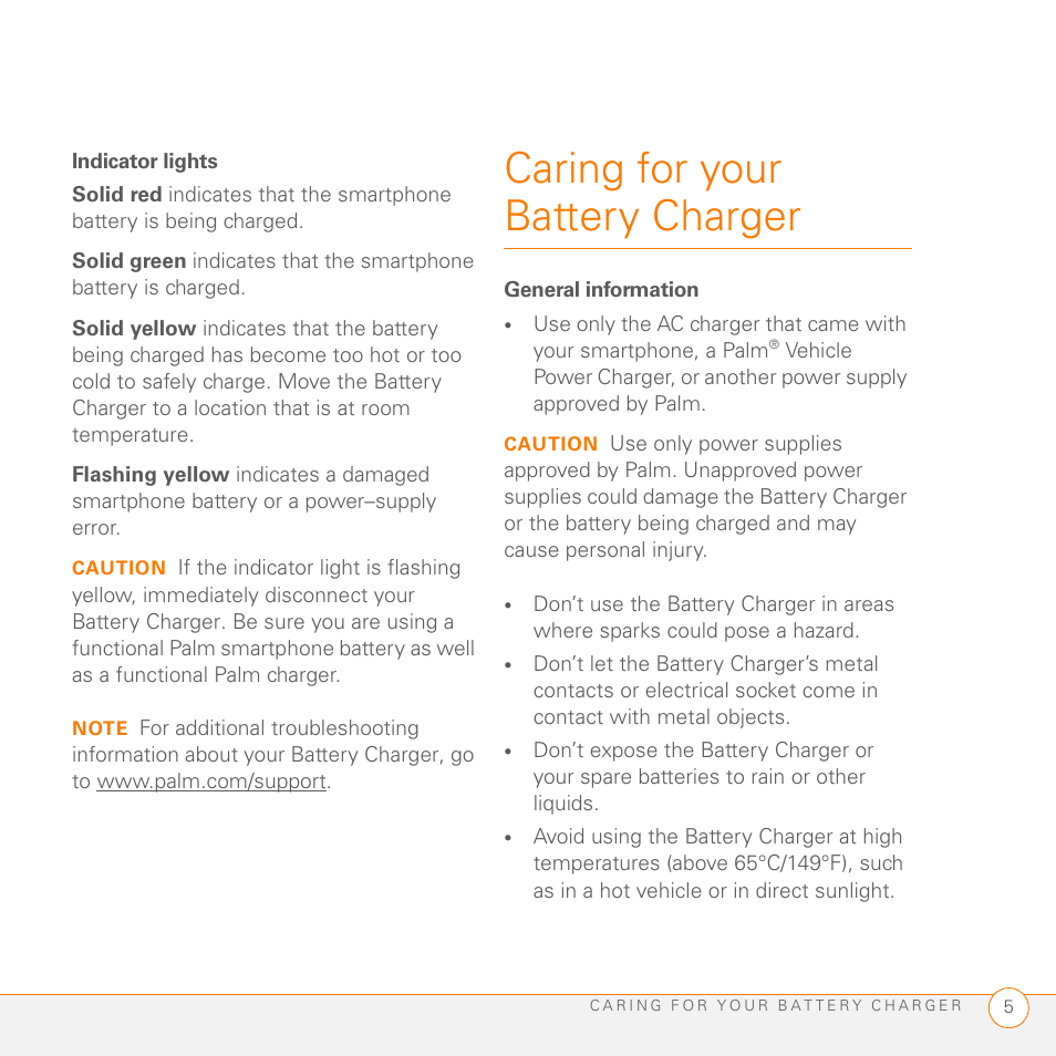 Indicator lights, Caring for your battery charger, General information | Palm 3350WW User Manual | Page 5 / 8