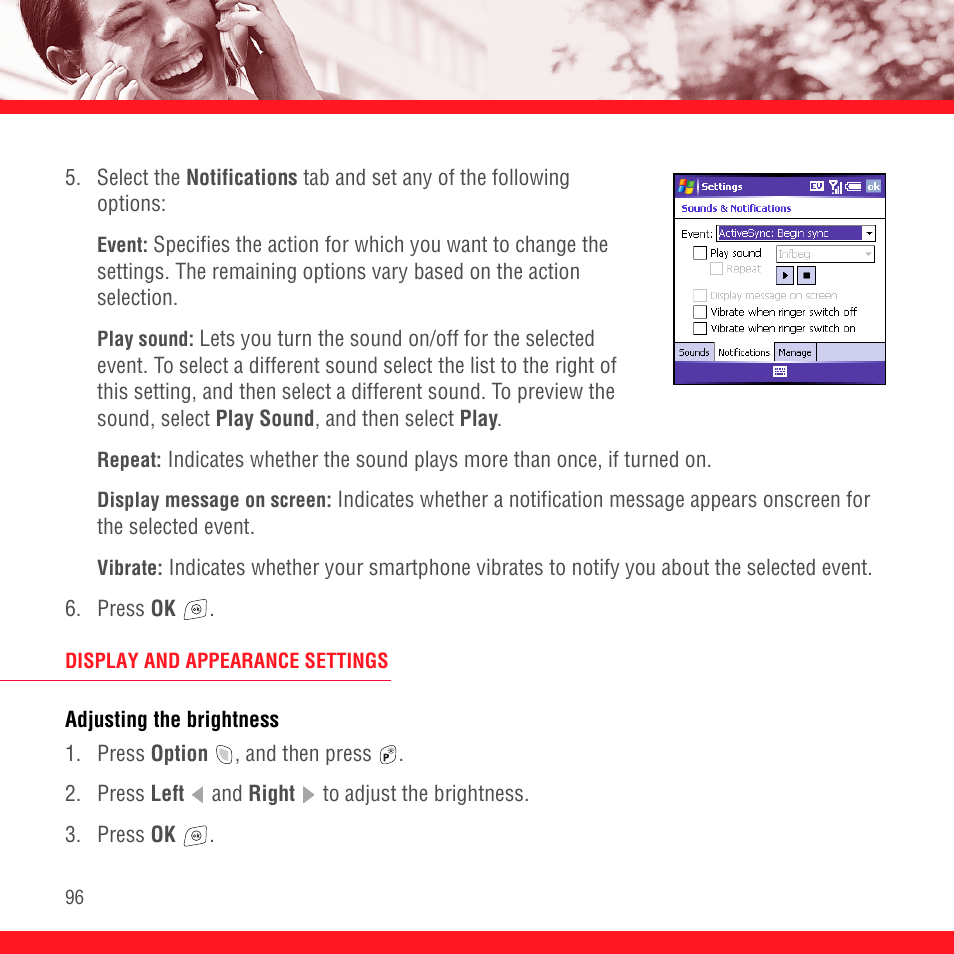 Display and appearance settings, Adjusting the brightness | Palm TREO 700wx User Manual | Page 100 / 128