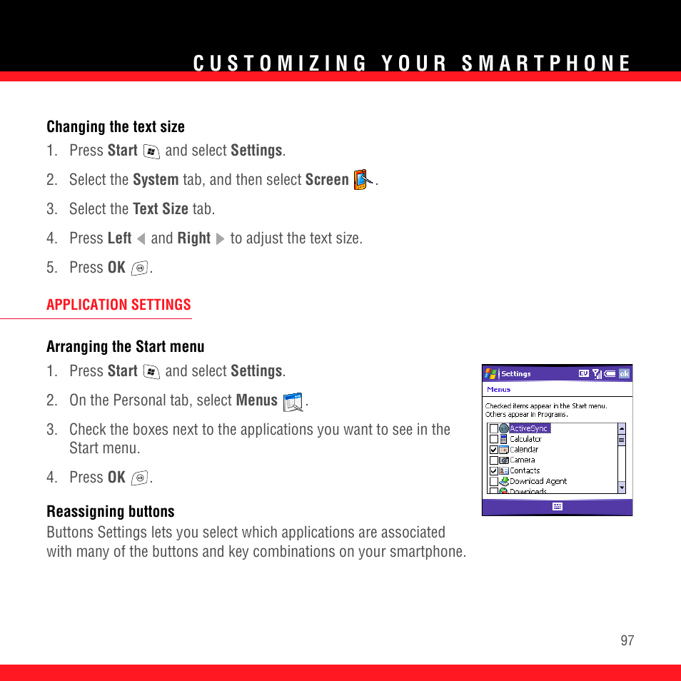 Changing the text size, Application settings, Arranging the start menu | Reassigning buttons | Palm TREO 700wx User Manual | Page 101 / 128