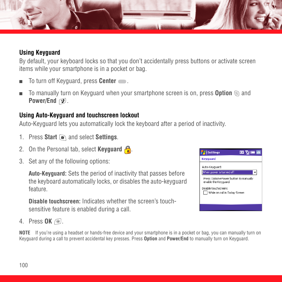 Using keyguard, Using auto-keyguard and touchscreen lockout | Palm TREO 700wx User Manual | Page 104 / 128