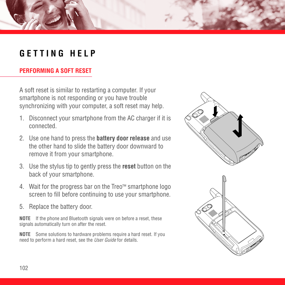 Getting help, Performing a soft reset | Palm TREO 700wx User Manual | Page 106 / 128