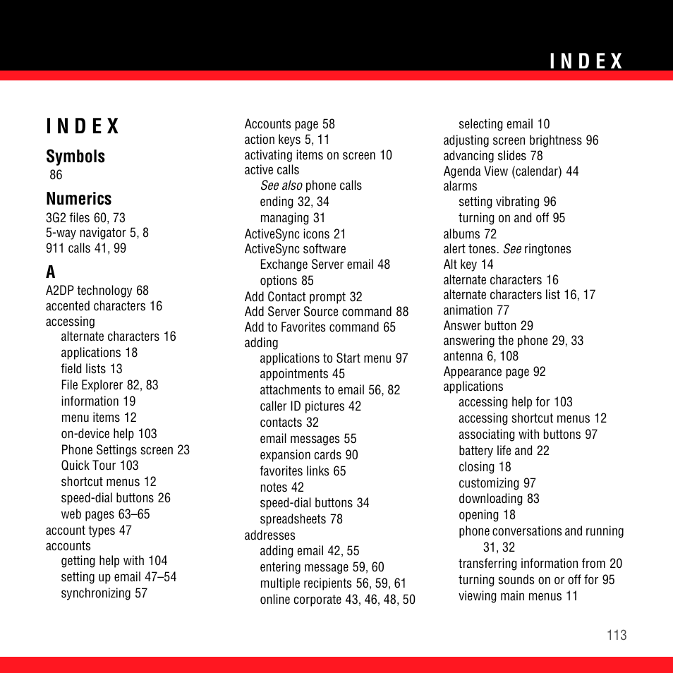 Index, Symbols, Numerics | Palm TREO 700wx User Manual | Page 117 / 128