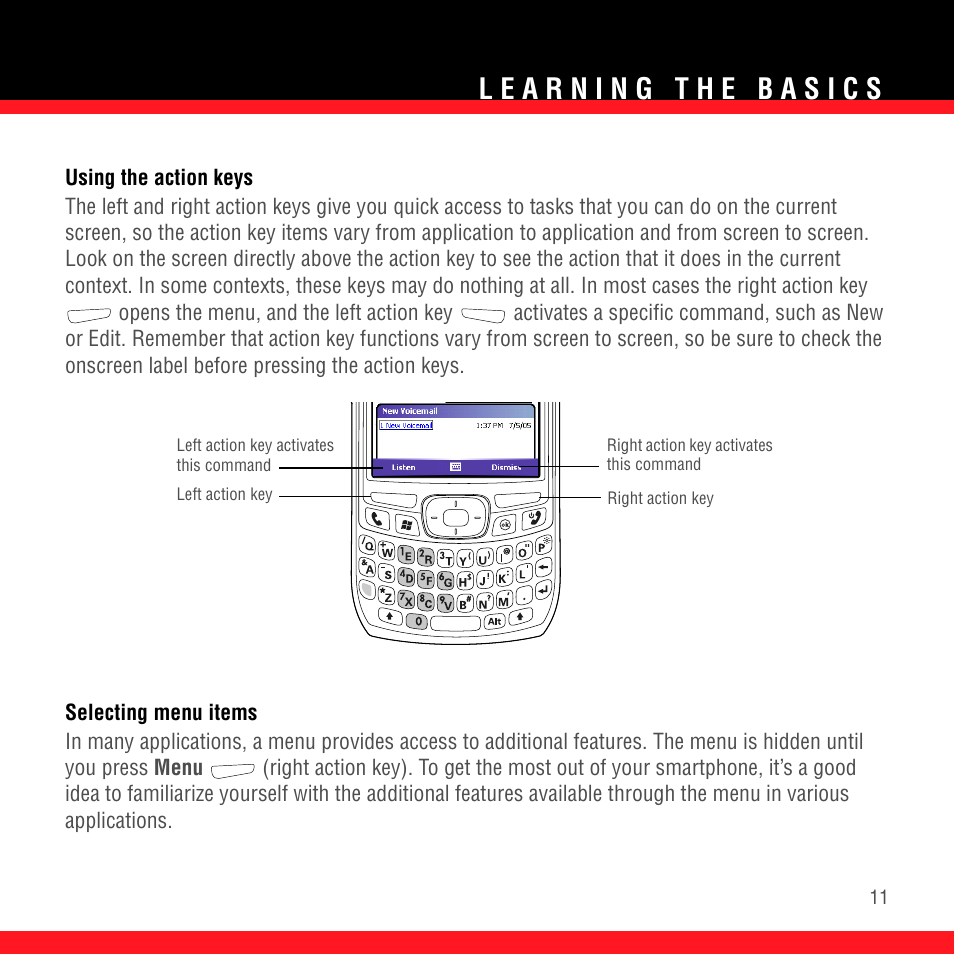 Using the action keys, Selecting menu items | Palm TREO 700wx User Manual | Page 15 / 128