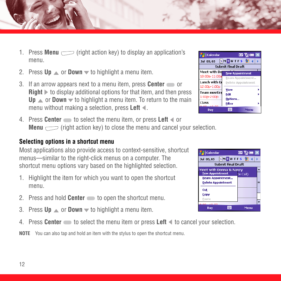 Selecting options in a shortcut menu | Palm TREO 700wx User Manual | Page 16 / 128