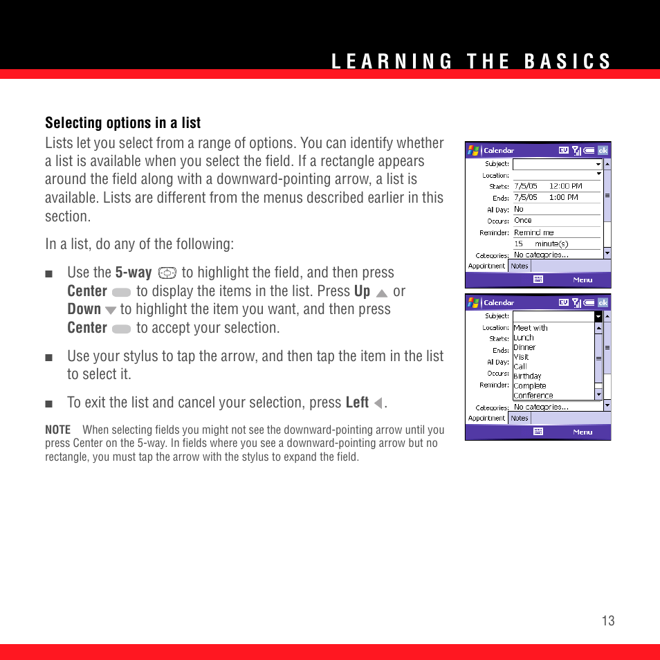 Selecting options in a list | Palm TREO 700wx User Manual | Page 17 / 128