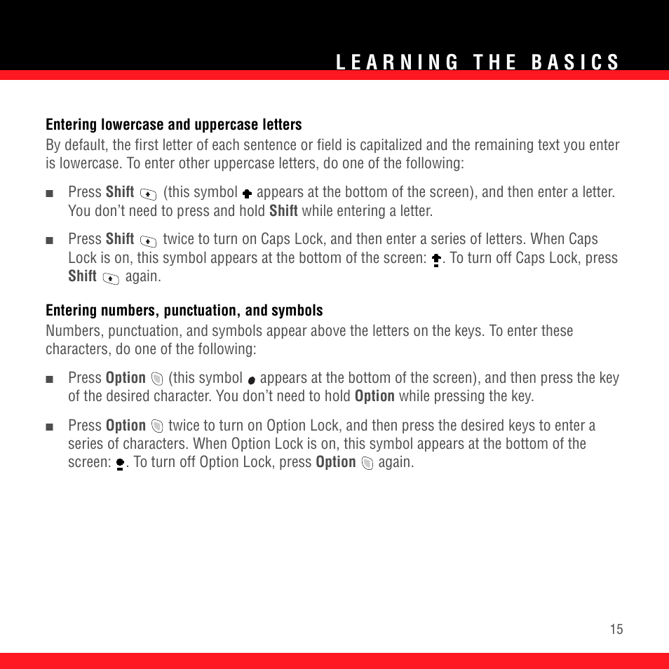 Entering lowercase and uppercase letters, Entering numbers, punctuation, and symbols | Palm TREO 700wx User Manual | Page 19 / 128