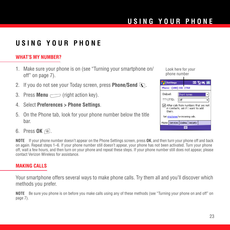 Using your phone, What’s my number, Making calls | What’s my number? making calls | Palm TREO 700wx User Manual | Page 27 / 128