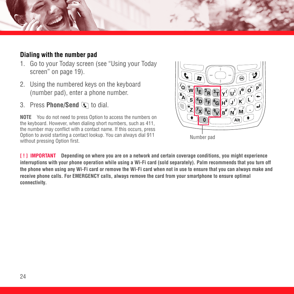 Dialing with the number pad | Palm TREO 700wx User Manual | Page 28 / 128