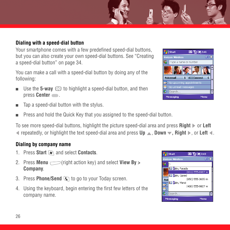 Dialing with a speed-dial button, Dialing by company name | Palm TREO 700wx User Manual | Page 30 / 128