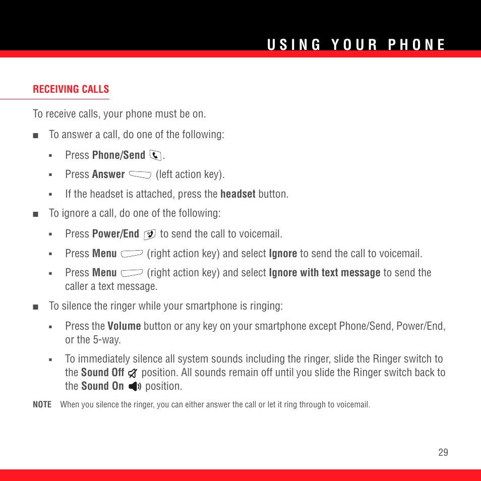 Receiving calls, Press phone/send, Press answer (left action key) | Press power/end to send the call to voicemail | Palm TREO 700wx User Manual | Page 33 / 128