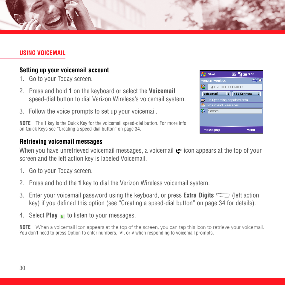 Using voicemail, Setting up your voicemail account, Retrieving voicemail messages | Palm TREO 700wx User Manual | Page 34 / 128