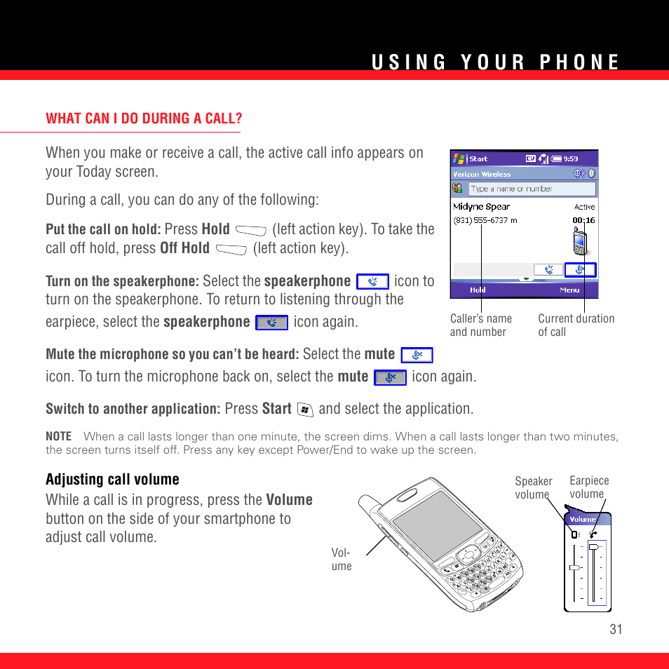 What can i do during a call, Adjusting call volume | Palm TREO 700wx User Manual | Page 35 / 128
