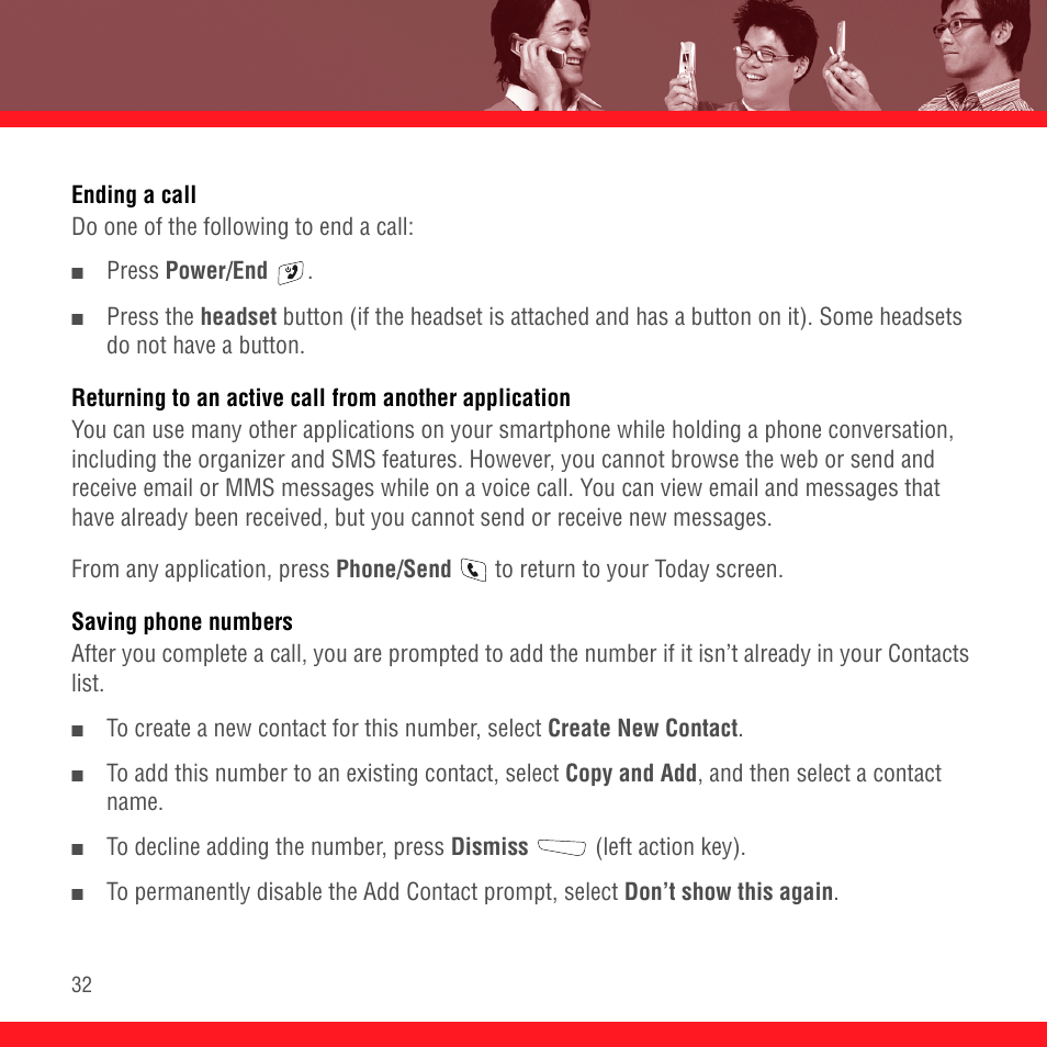 Ending a call, Saving phone numbers | Palm TREO 700wx User Manual | Page 36 / 128