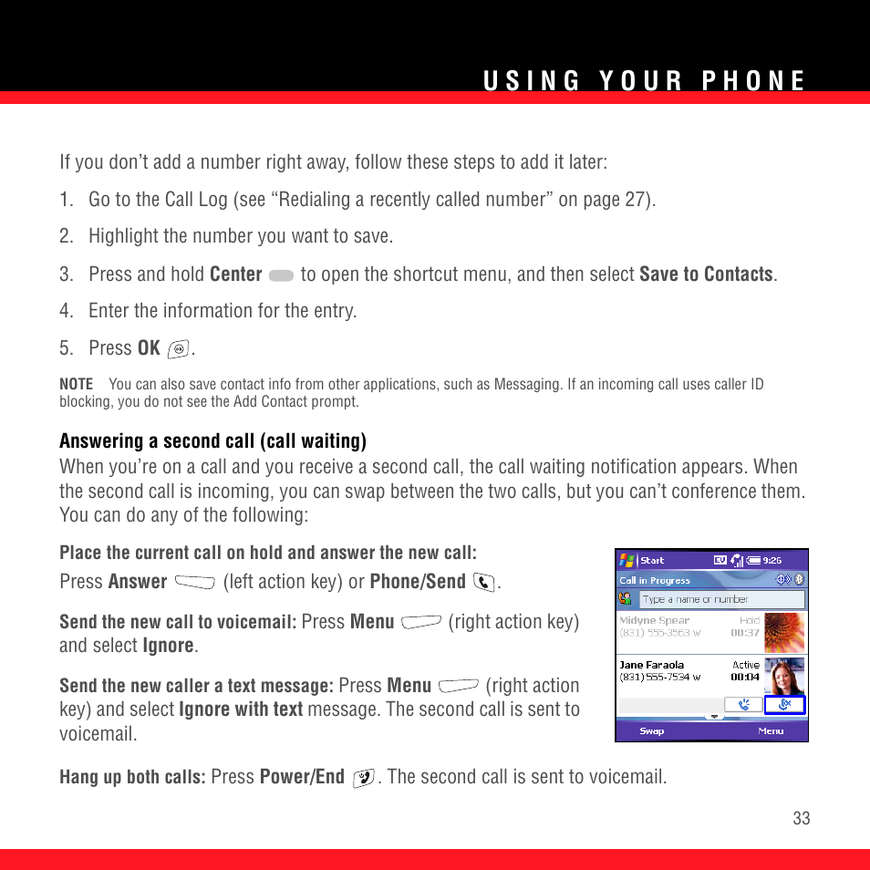 Answering a second call (call waiting) | Palm TREO 700wx User Manual | Page 37 / 128