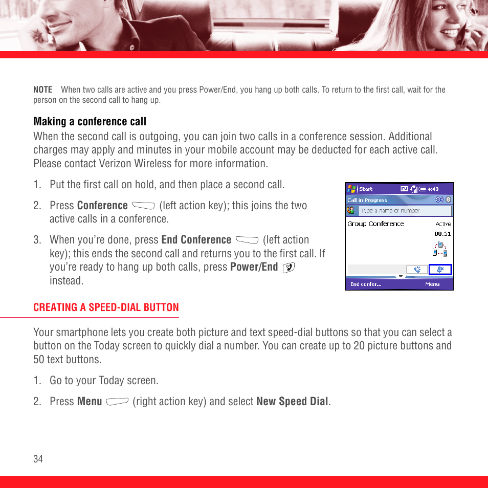 Making a conference call, Creating a speed-dial button, Creating a speed-dial | Palm TREO 700wx User Manual | Page 38 / 128