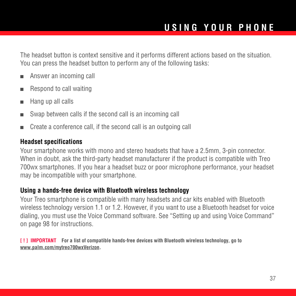 Headset specifications | Palm TREO 700wx User Manual | Page 41 / 128