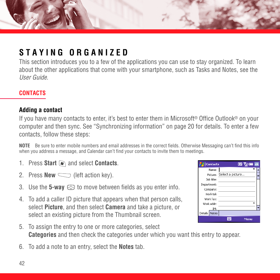 Staying organized, Contacts, Adding a contact | Palm TREO 700wx User Manual | Page 46 / 128