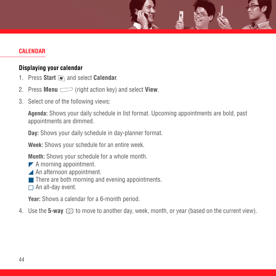 Calendar, Displaying your calendar | Palm TREO 700wx User Manual | Page 48 / 128