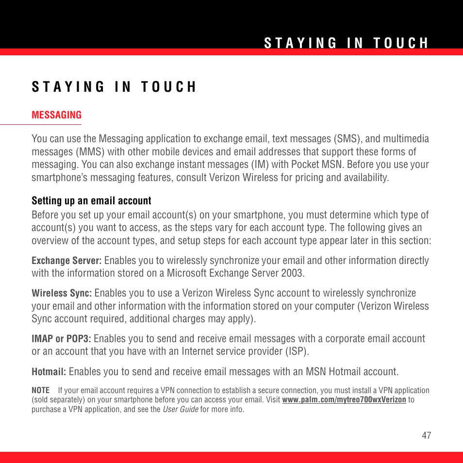 Staying in touch, Messaging, Setting up an email account | Palm TREO 700wx User Manual | Page 51 / 128