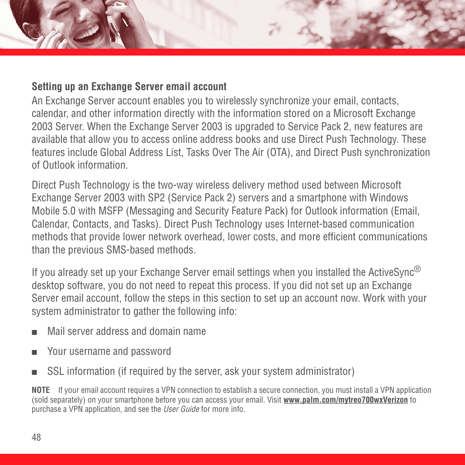 Setting up an exchange server email account | Palm TREO 700wx User Manual | Page 52 / 128
