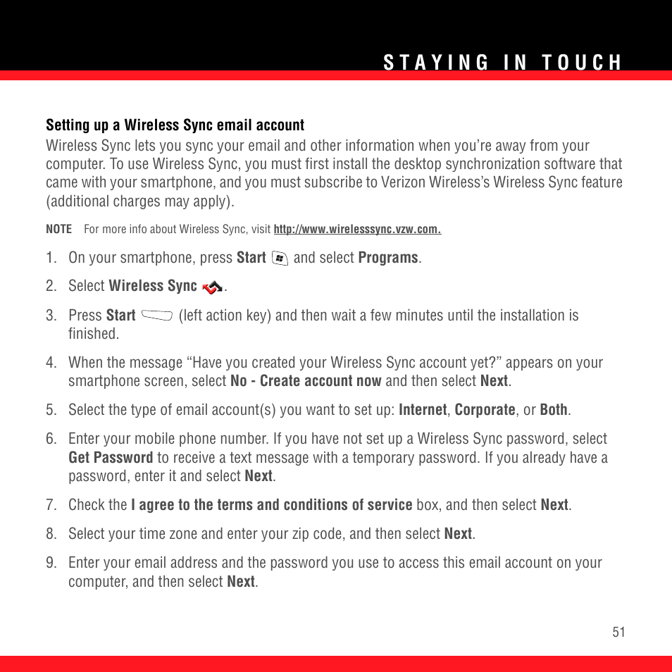 Setting up a wireless sync email account | Palm TREO 700wx User Manual | Page 55 / 128