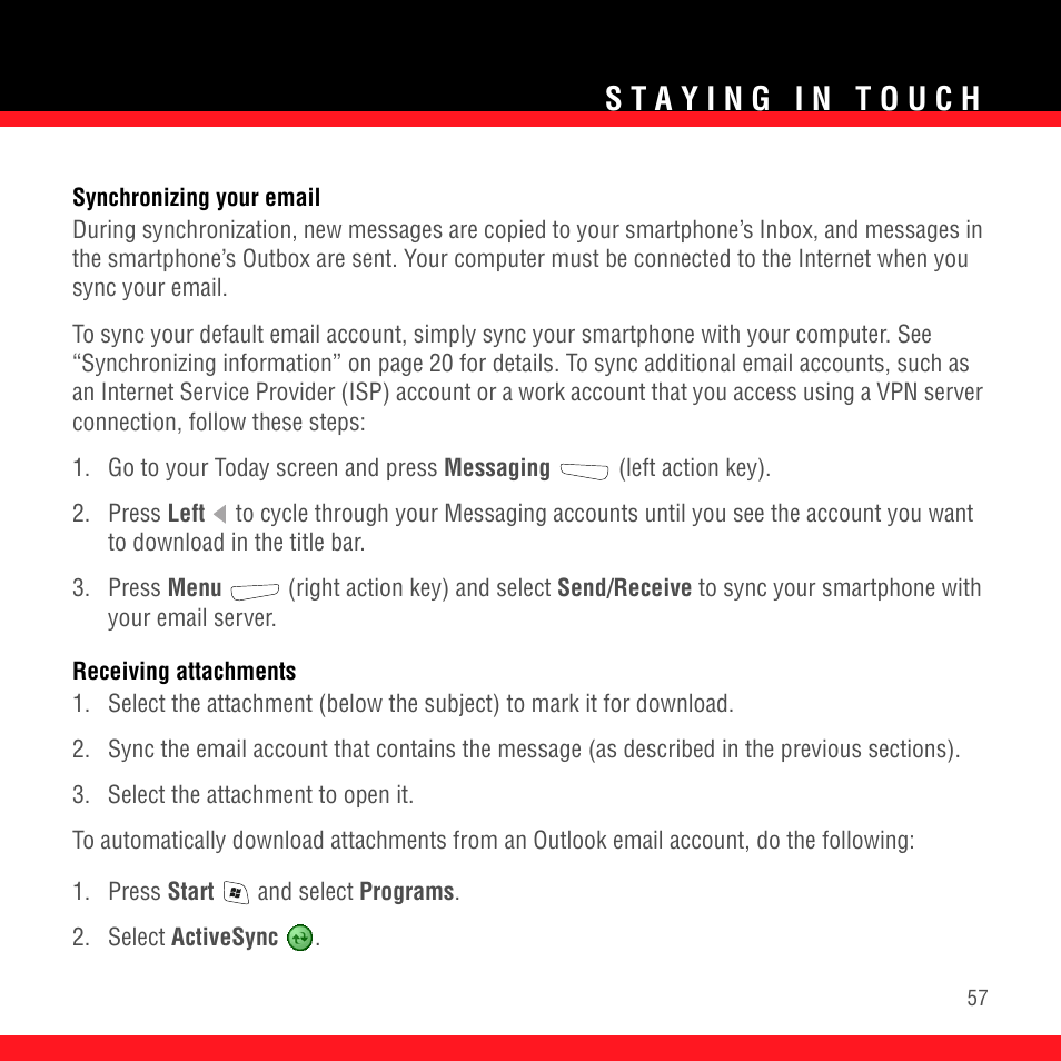 Synchronizing your email, Receiving attachments | Palm TREO 700wx User Manual | Page 61 / 128