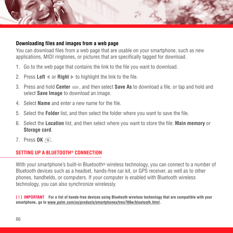 Setting up a bluetooth® connection, Setting up a bluetooth, Oth devices, see “setting up a bluetooth | Palm TREO 700wx User Manual | Page 70 / 128