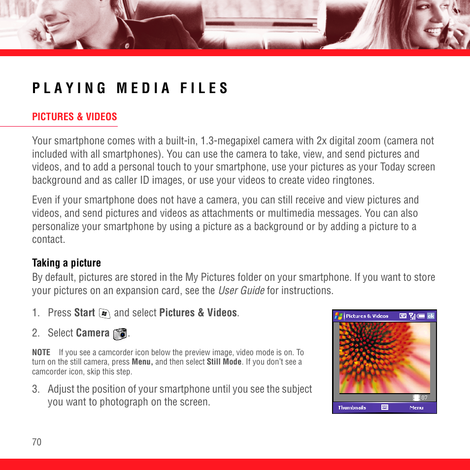 Playing media files, Pictures & videos, Taking a picture | Palm TREO 700wx User Manual | Page 74 / 128