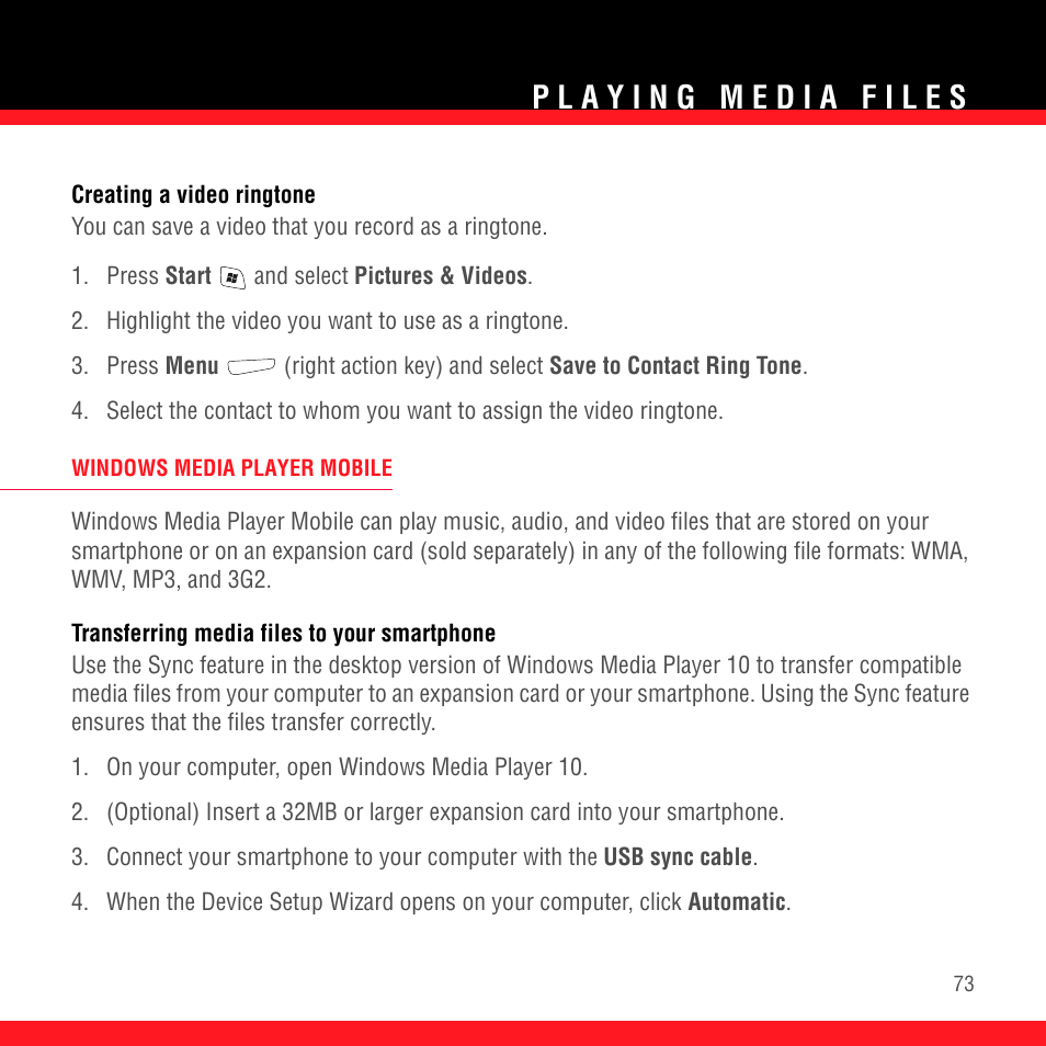 Creating a video ringtone, Windows media player mobile, Transferring media files to your smartphone | Palm TREO 700wx User Manual | Page 77 / 128