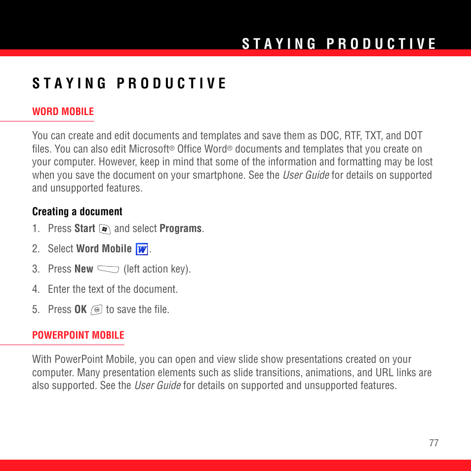 Staying productive, Word mobile, Creating a document | Powerpoint mobile, Word mobile powerpoint mobile | Palm TREO 700wx User Manual | Page 81 / 128