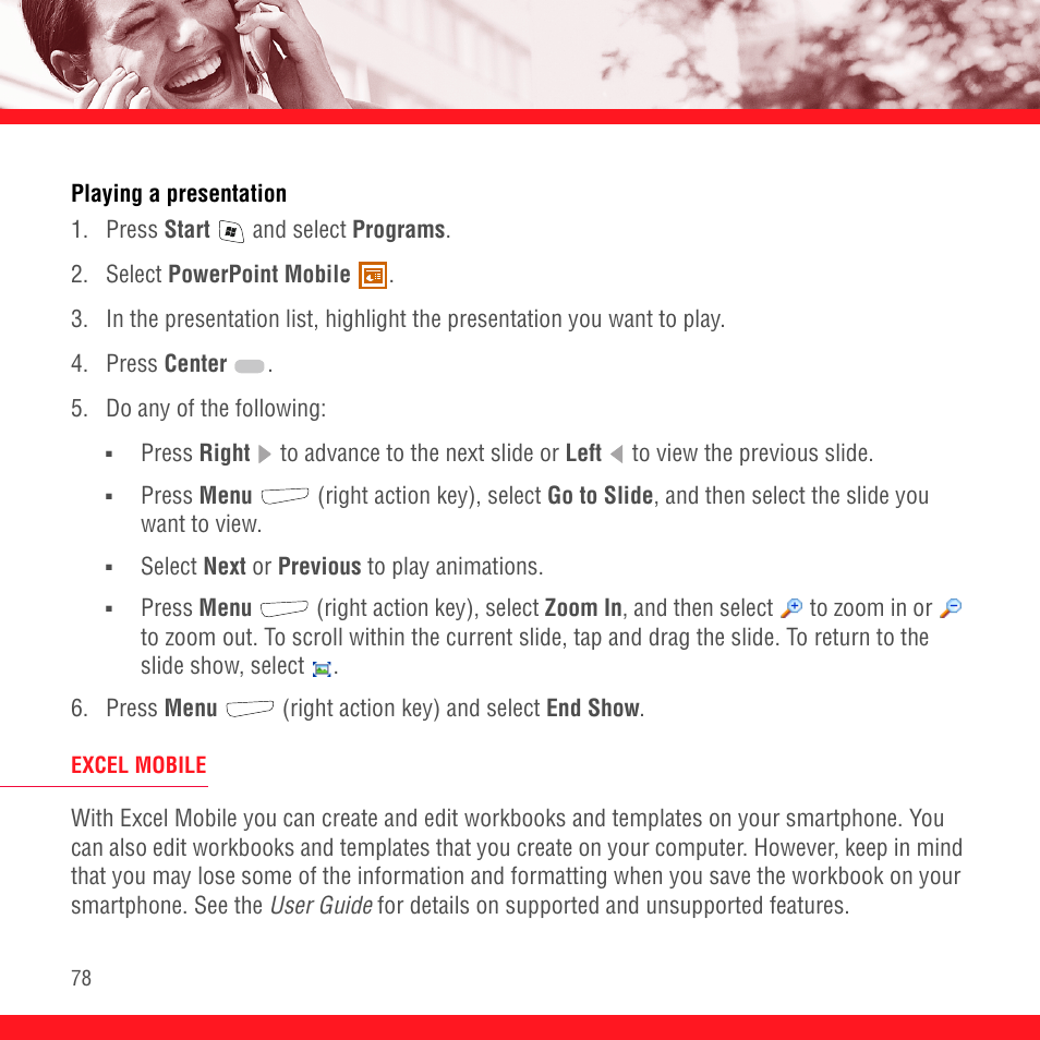 Playing a presentation, Excel mobile | Palm TREO 700wx User Manual | Page 82 / 128