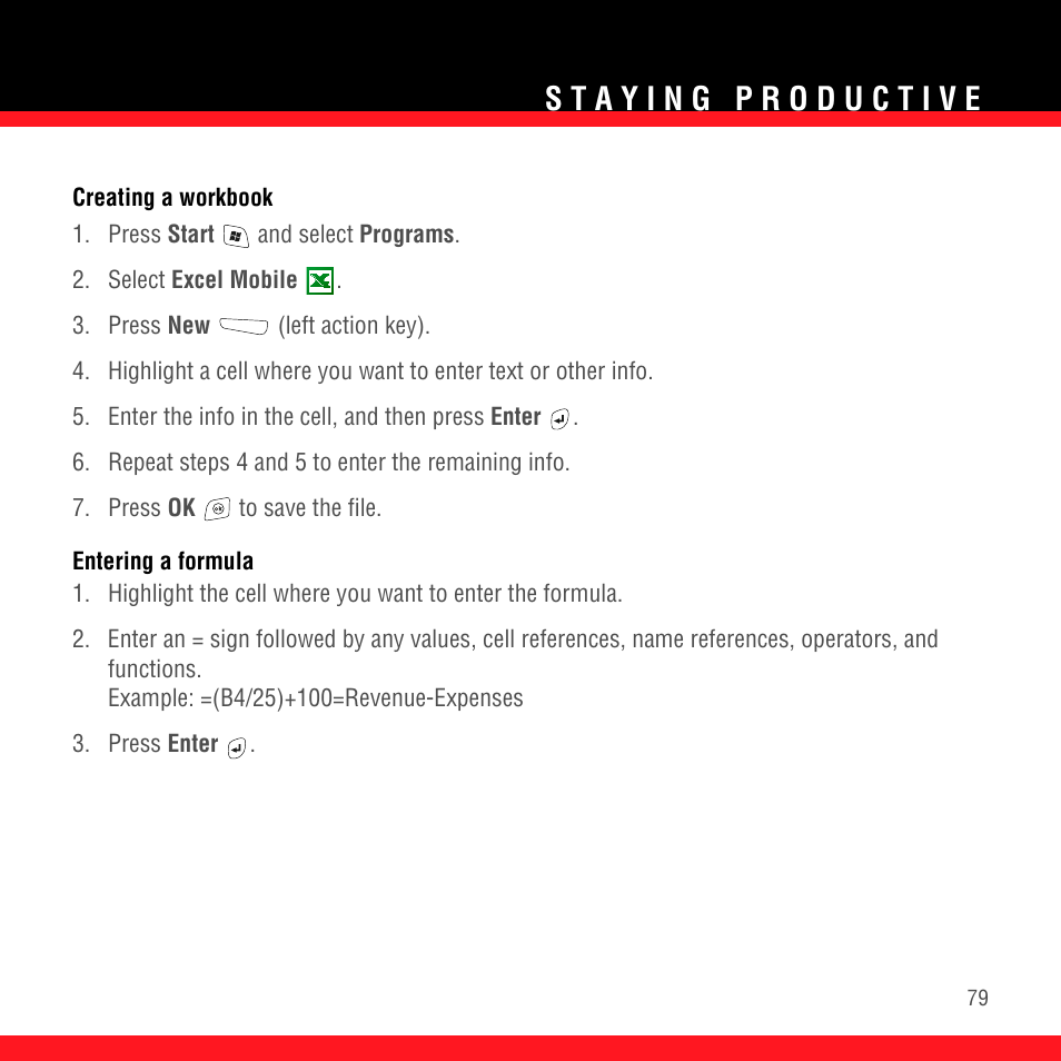 Creating a workbook, Entering a formula | Palm TREO 700wx User Manual | Page 83 / 128