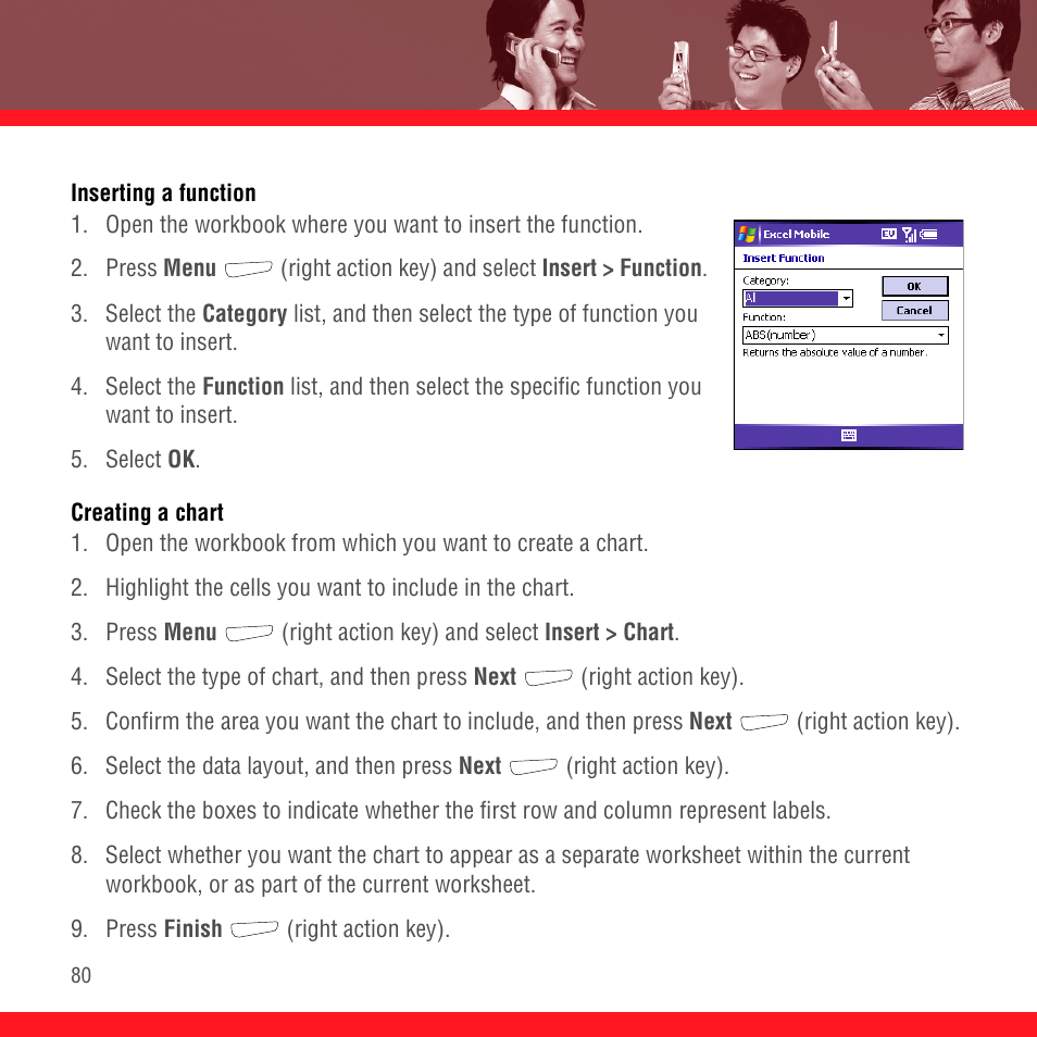 Inserting a function, Creating a chart | Palm TREO 700wx User Manual | Page 84 / 128