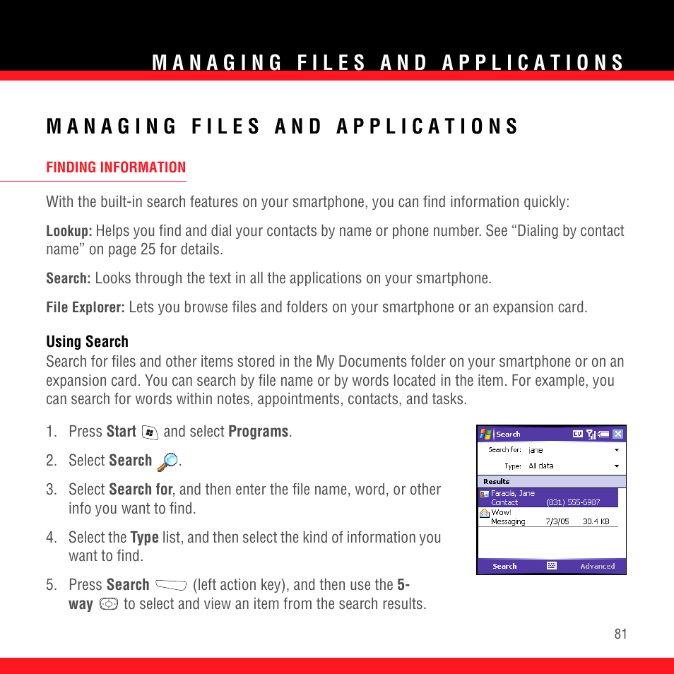 Managing files and applications, Finding information, Using search | Palm TREO 700wx User Manual | Page 85 / 128