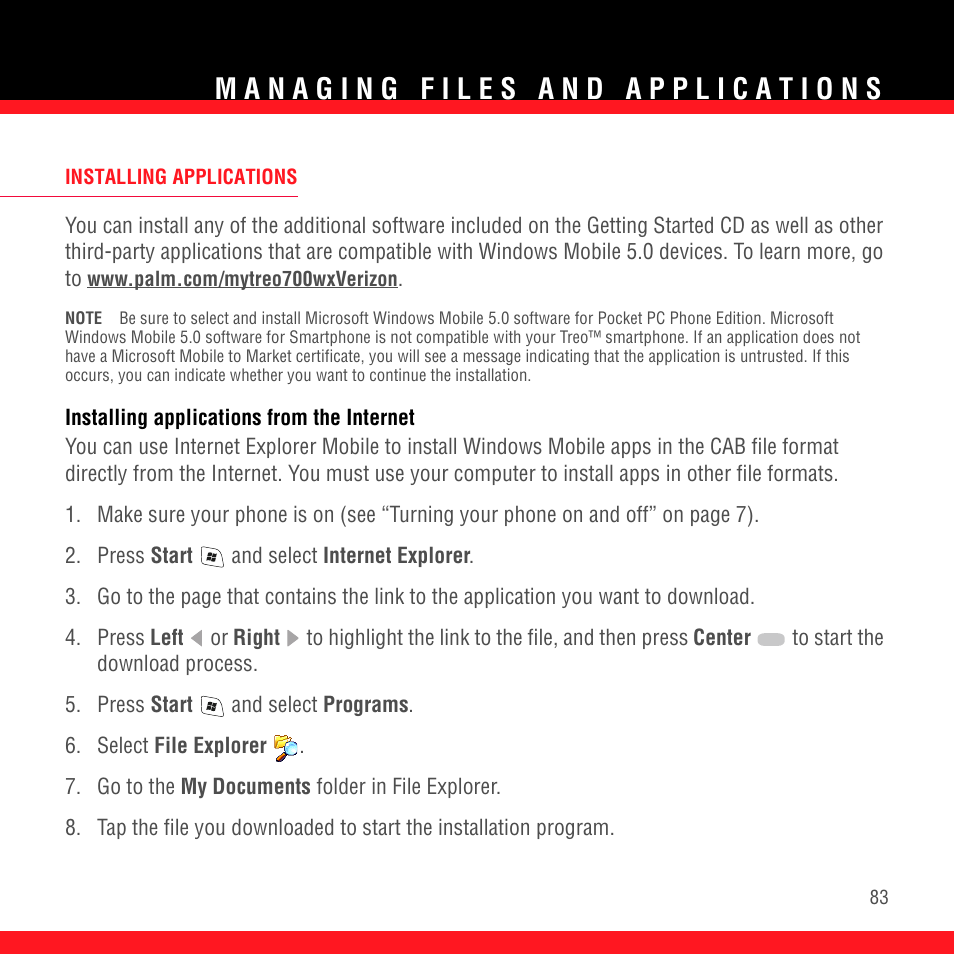 Installing applications, Installing applications from the internet | Palm TREO 700wx User Manual | Page 87 / 128