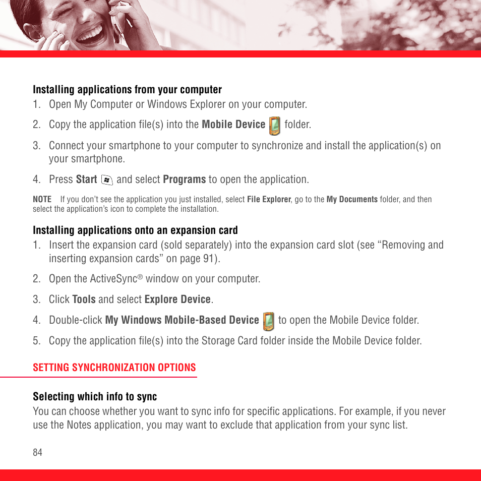 Installing applications from your computer, Installing applications onto an expansion card, Setting synchronization options | Selecting which info to sync | Palm TREO 700wx User Manual | Page 88 / 128