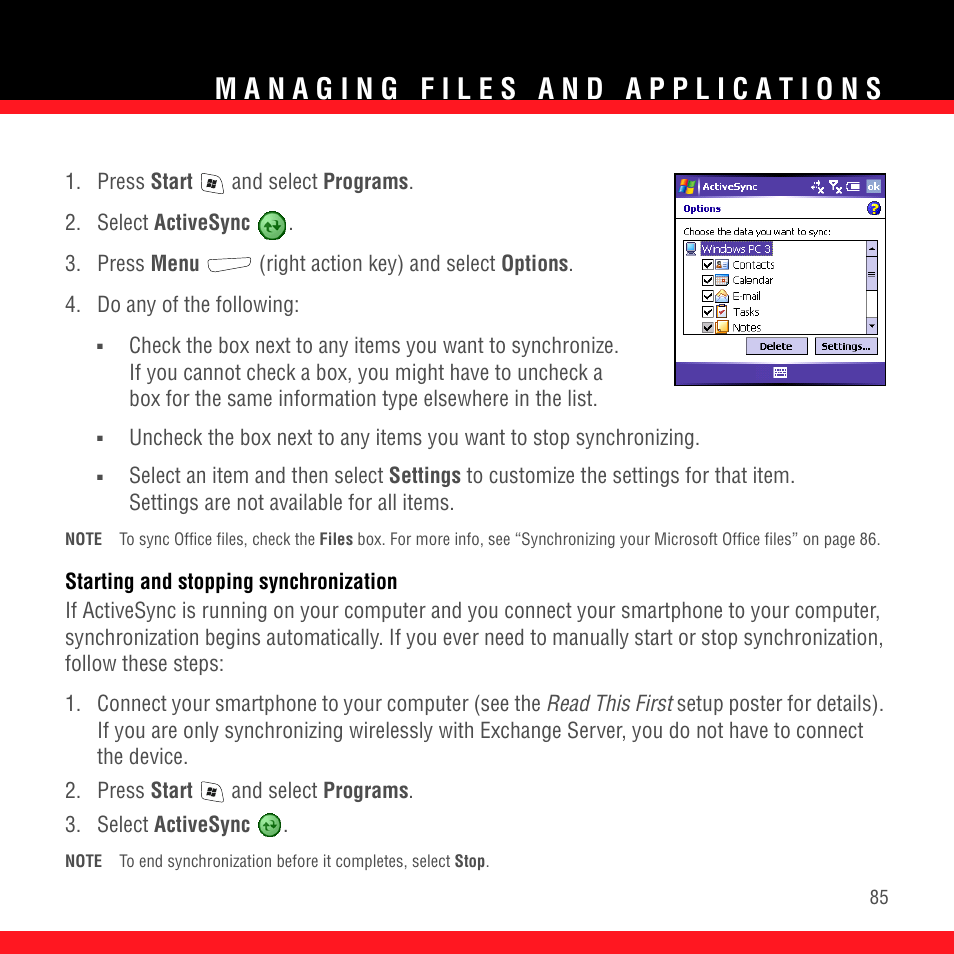 Starting and stopping synchronization | Palm TREO 700wx User Manual | Page 89 / 128