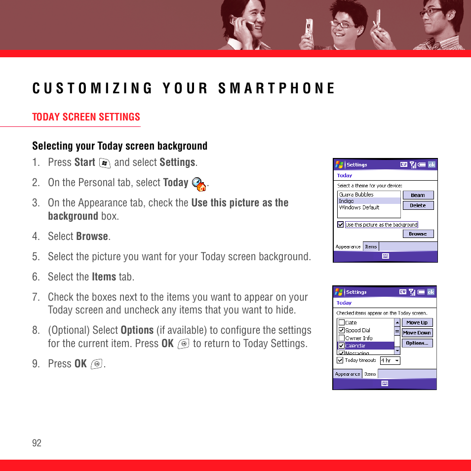 Customizing your smartphone, Today screen settings, Selecting your today screen background | Palm TREO 700wx User Manual | Page 96 / 128