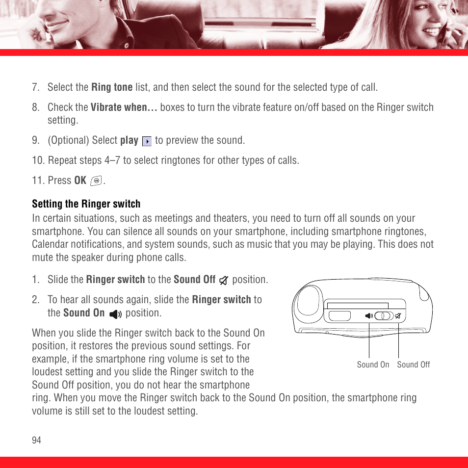 Setting the ringer switch | Palm TREO 700wx User Manual | Page 98 / 128