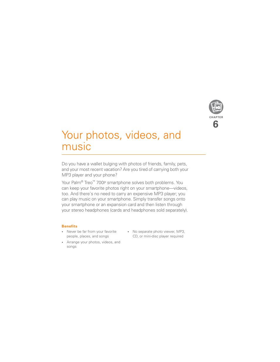 Your photos, videos, and music, Chapter 6: your photos, videos, and music | Palm 700P User Manual | Page 117 / 286