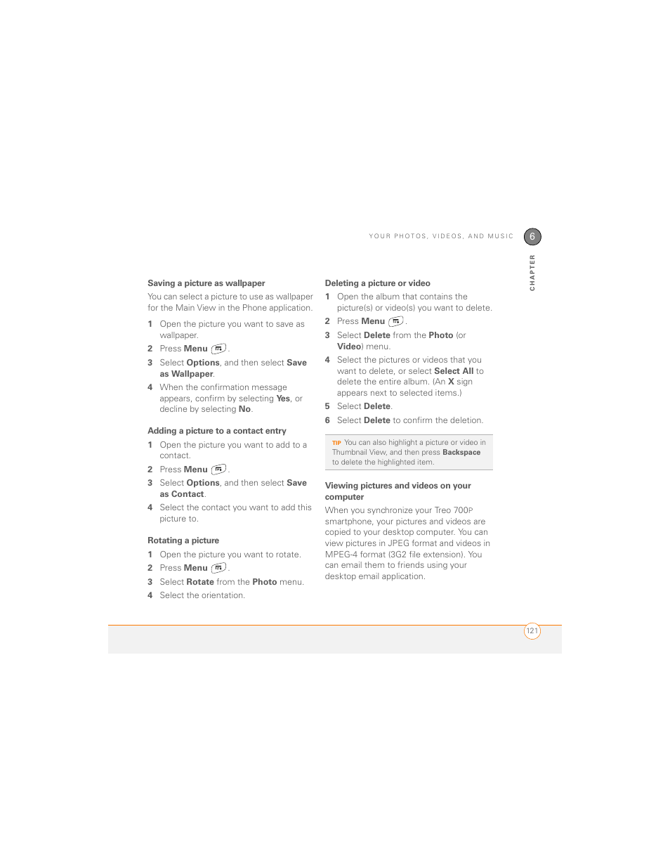 Saving a picture as wallpaper, Adding a picture to a contact entry, Rotating a picture | Deleting a picture or video, Viewing pictures and videos on your computer, See viewing pictures and videos on your computer | Palm 700P User Manual | Page 127 / 286