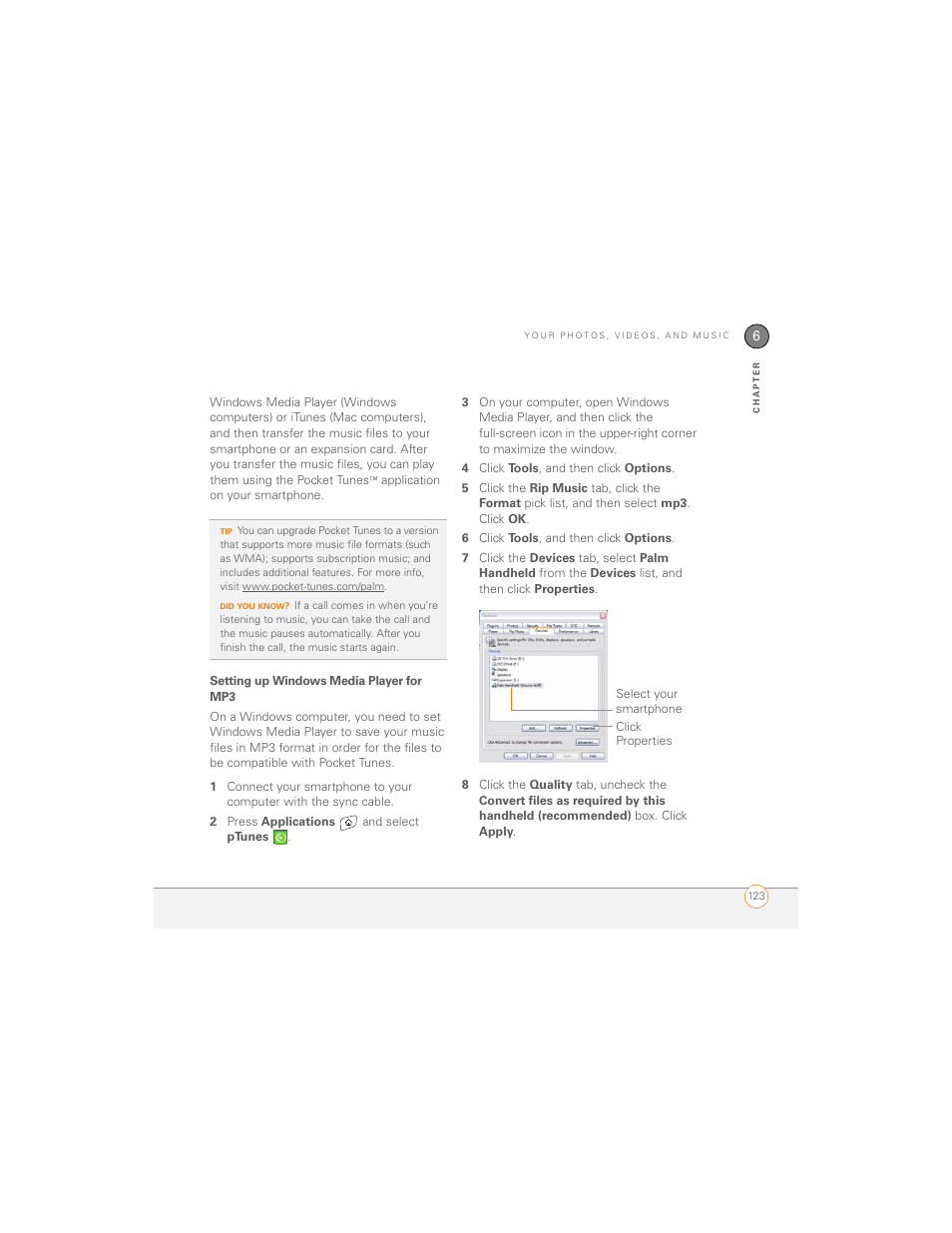 Setting up windows media player for mp3 | Palm 700P User Manual | Page 129 / 286