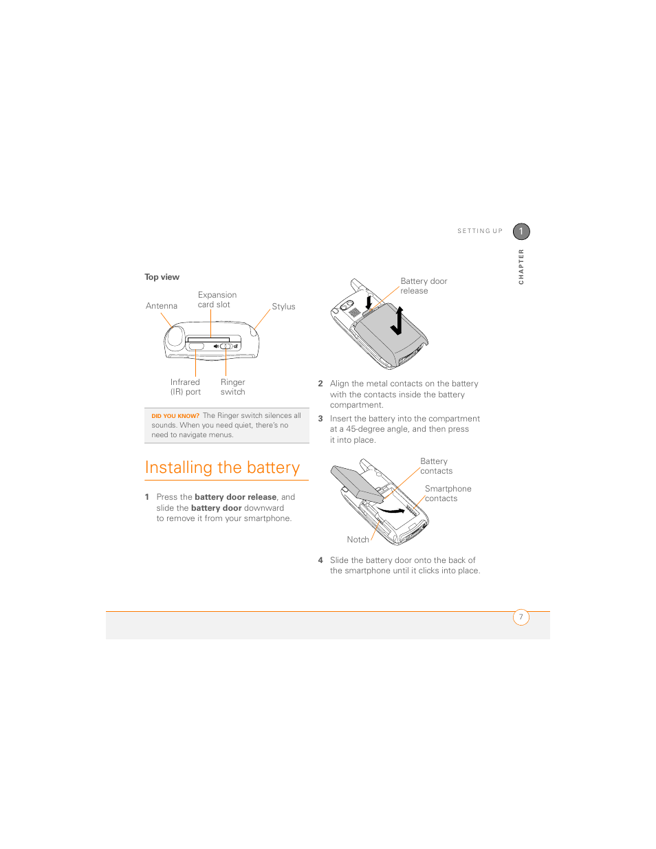 Top view, Installing the battery | Palm 700P User Manual | Page 13 / 286