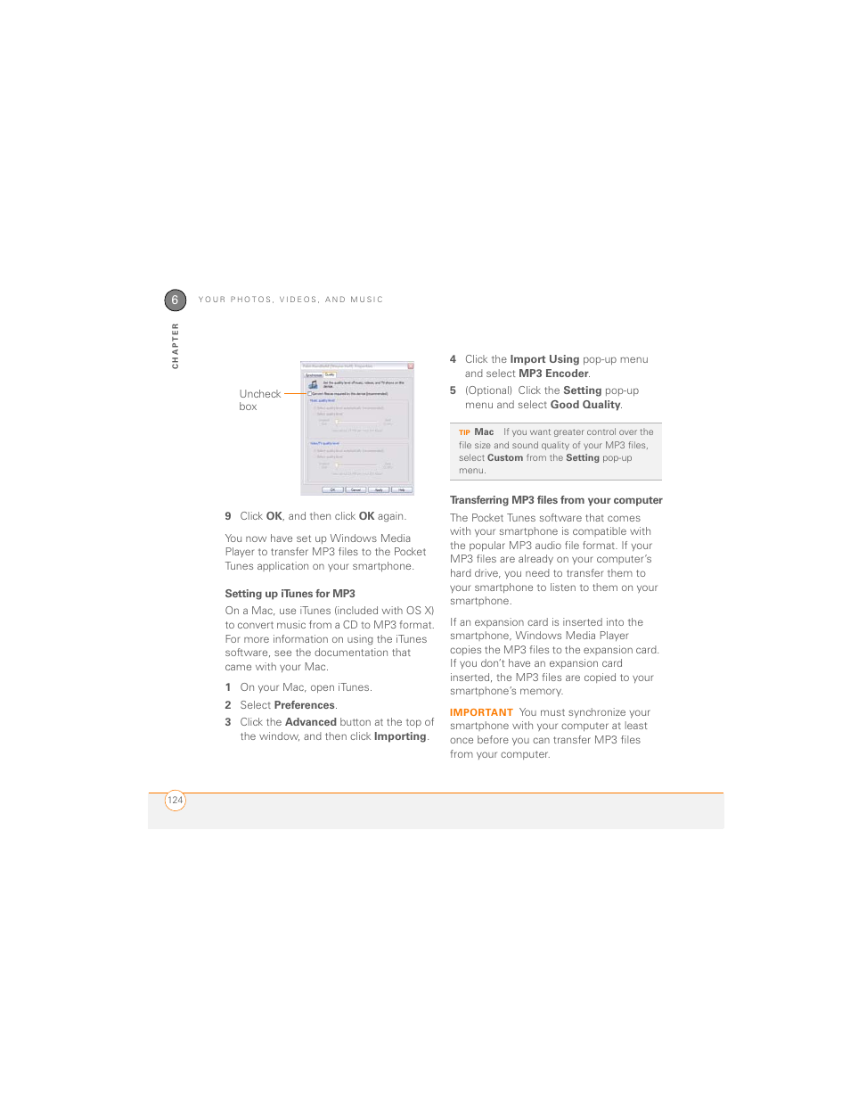 Setting up itunes for mp3, Transferring mp3 files from your computer | Palm 700P User Manual | Page 130 / 286