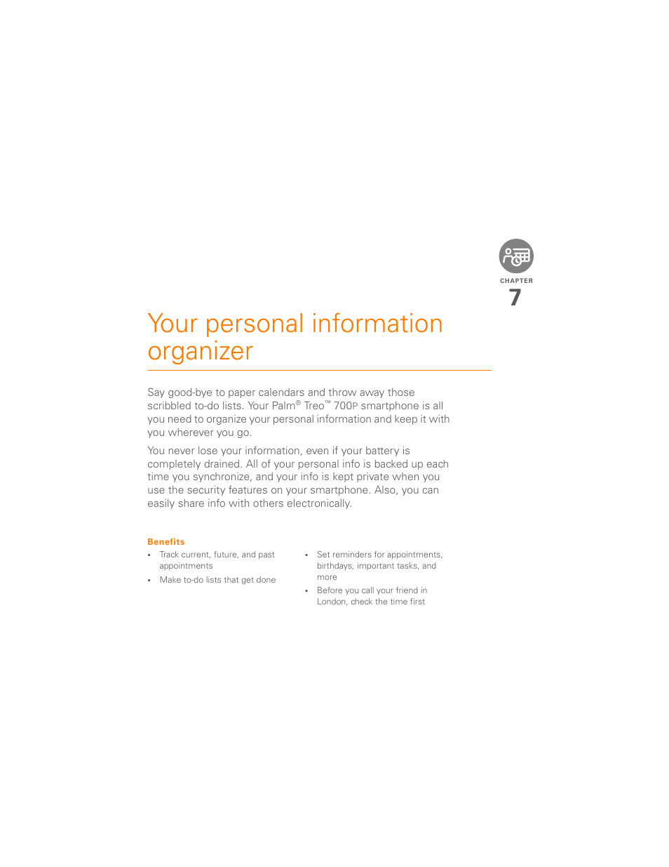 Your personal information organizer, Chapter 7: your personal information organizer | Palm 700P User Manual | Page 135 / 286
