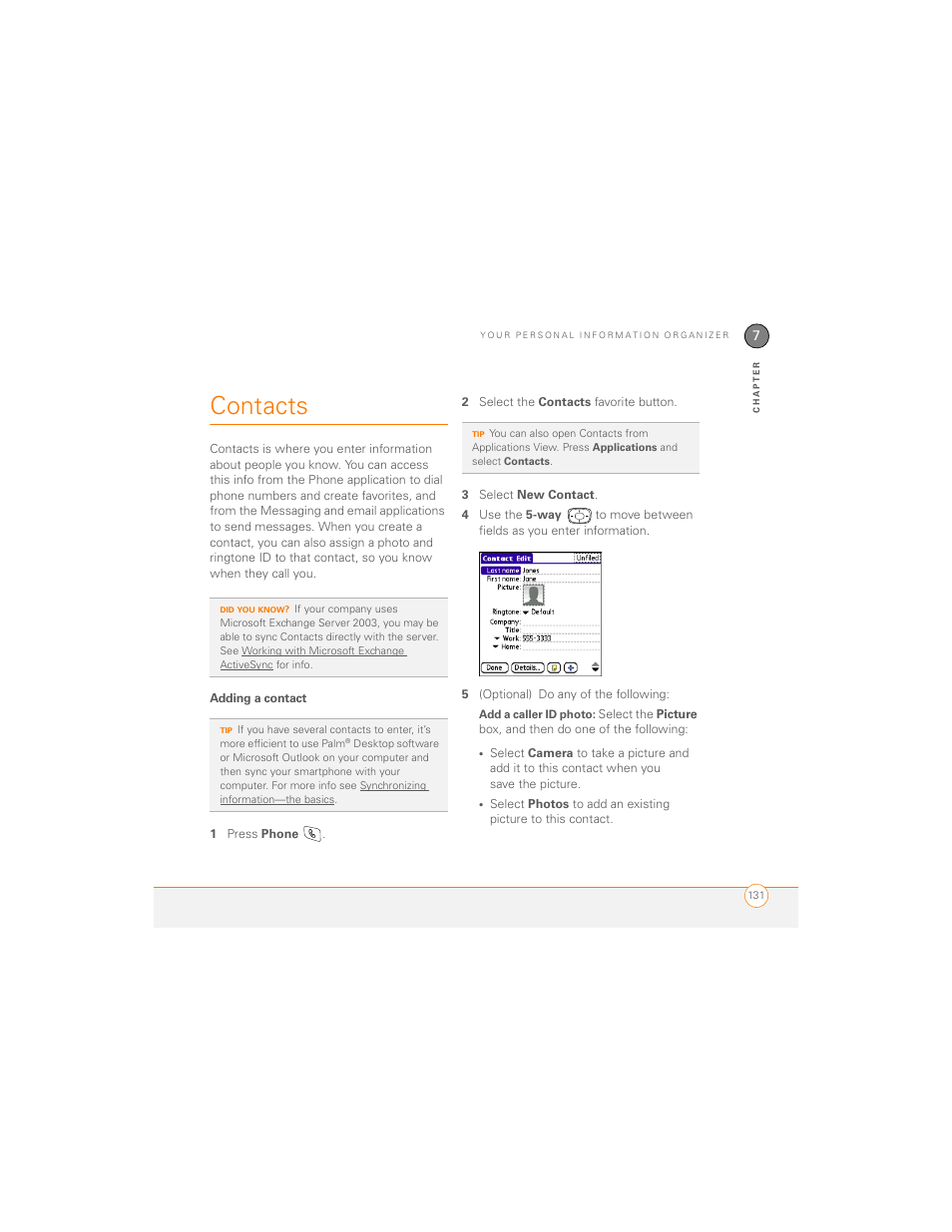 Contacts, Adding a contact | Palm 700P User Manual | Page 137 / 286