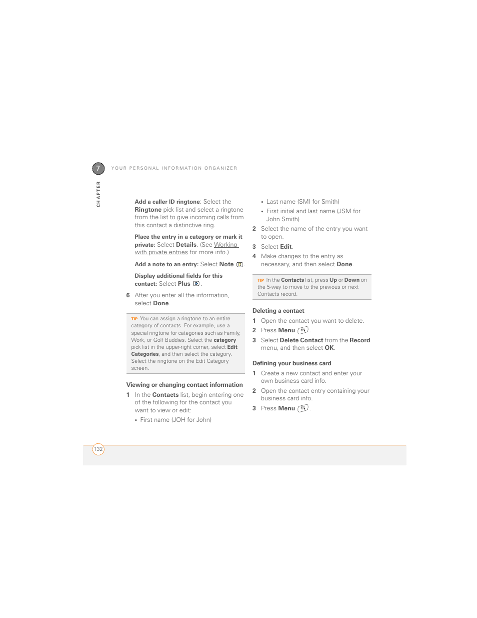 Viewing or changing contact information, Deleting a contact, Defining your business card | Palm 700P User Manual | Page 138 / 286