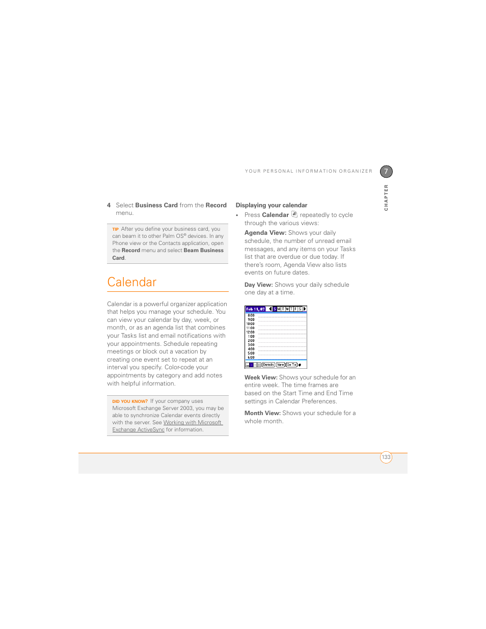 Calendar, Displaying your calendar | Palm 700P User Manual | Page 139 / 286